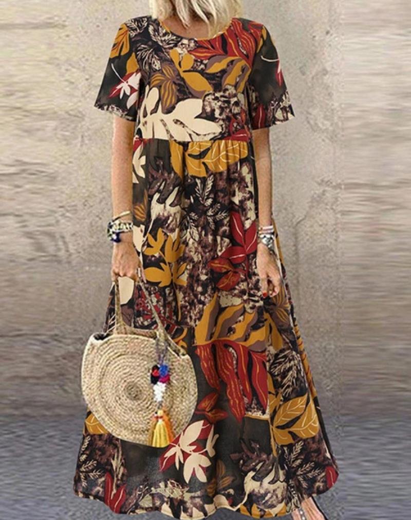 Plus Size Summer Loose Long Sleeve Round Neck Floral Print Casual Women's Holiday Beach Dress Vintage Style Maxi Dress