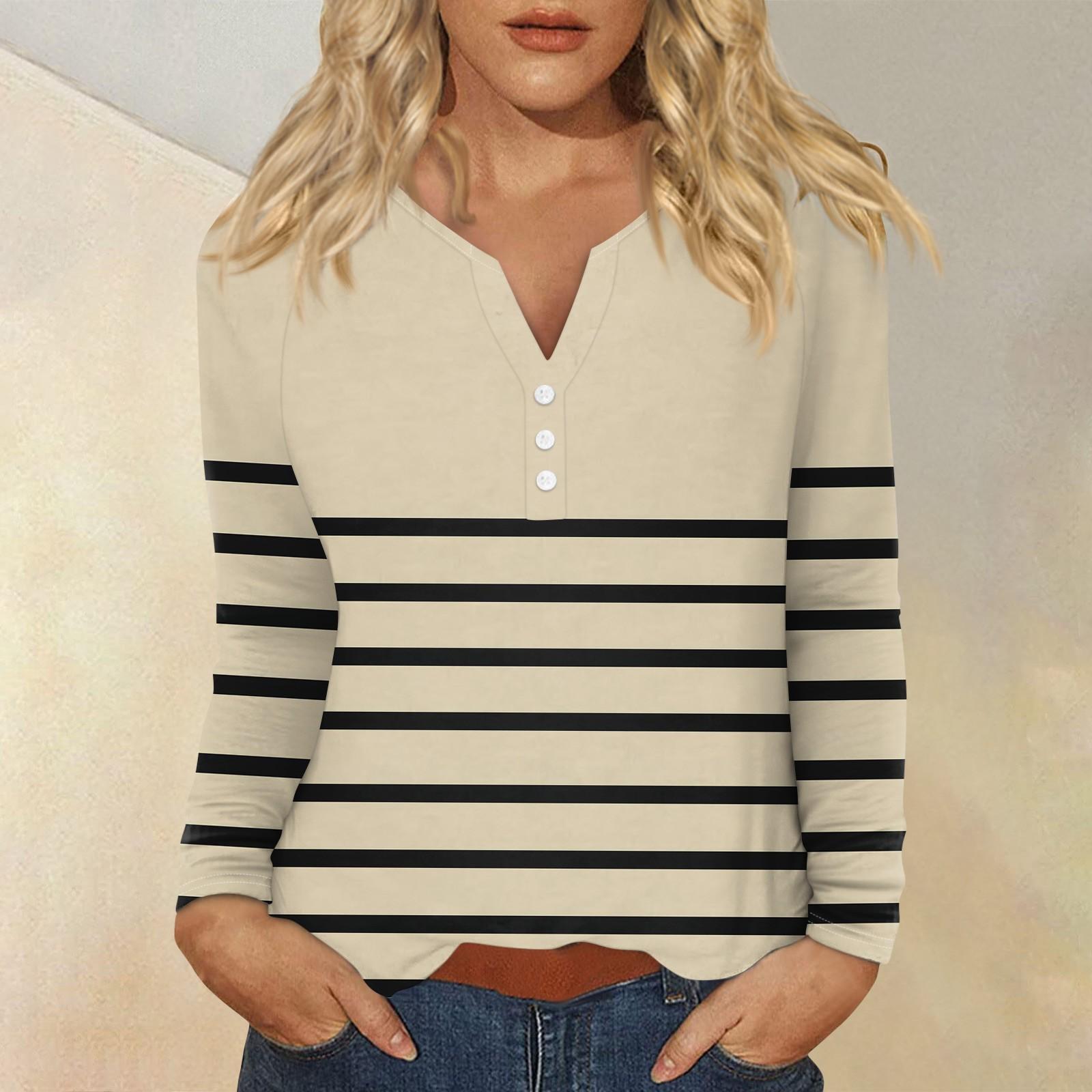 

Женская модная повседневная футболка с v-образным вырезом и длинным рукавом с принтом, топ на пуговицах XXL бежевый