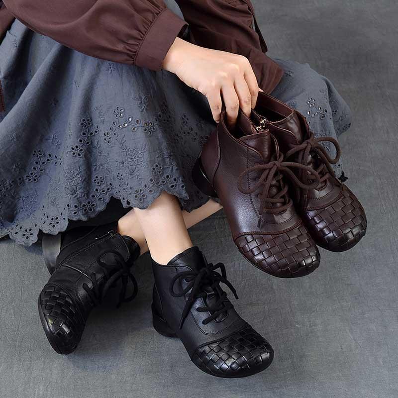Johnature Genuine Leather Hand Woven Thick Heel Ankle Boots Retro Soft Sole Versatile Women's Shoes