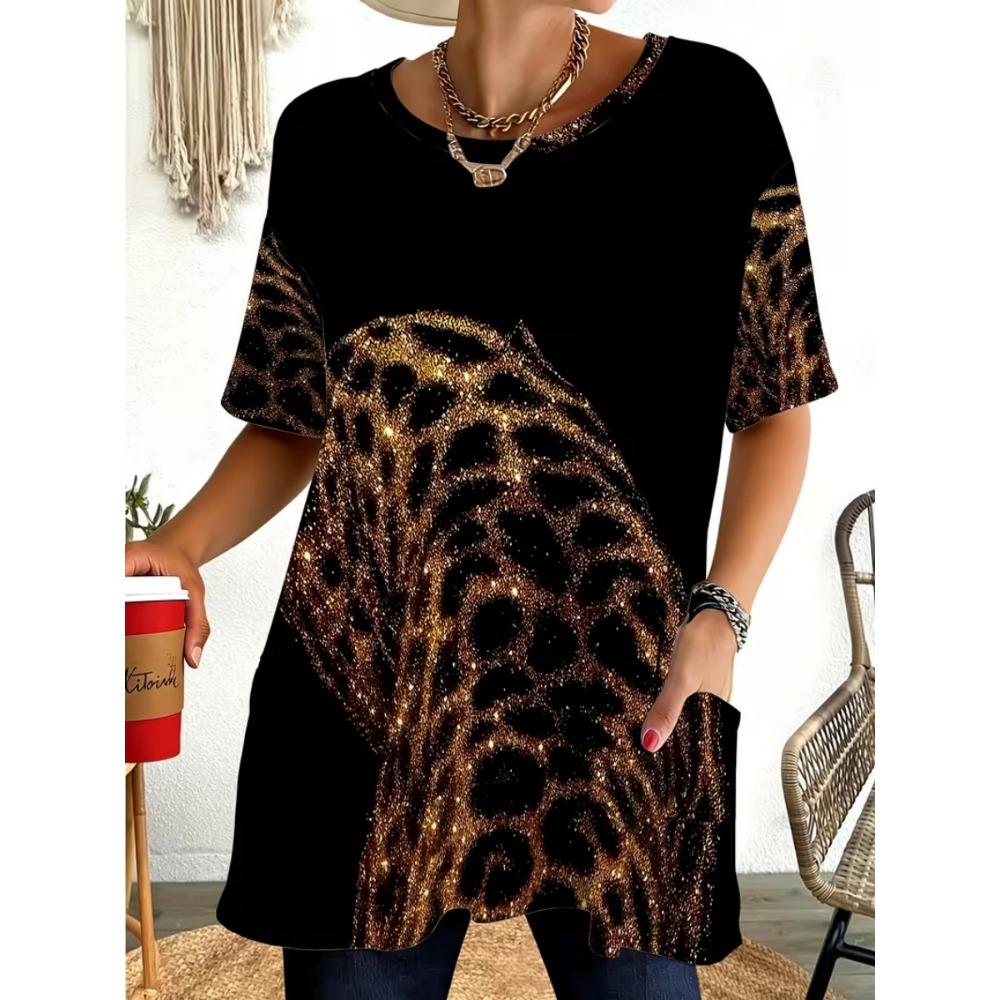 Women's Summer Short Sleeved T-shirt, 3D Printed Pocket T-shirt, Casual Plus Size T-shirt