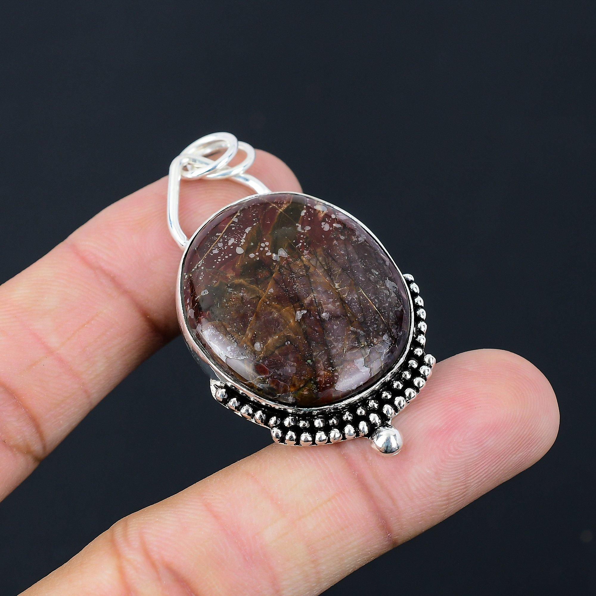925 Sterling Silver Oval Natural Gila Monster Agate Daughter Engagement Pendant