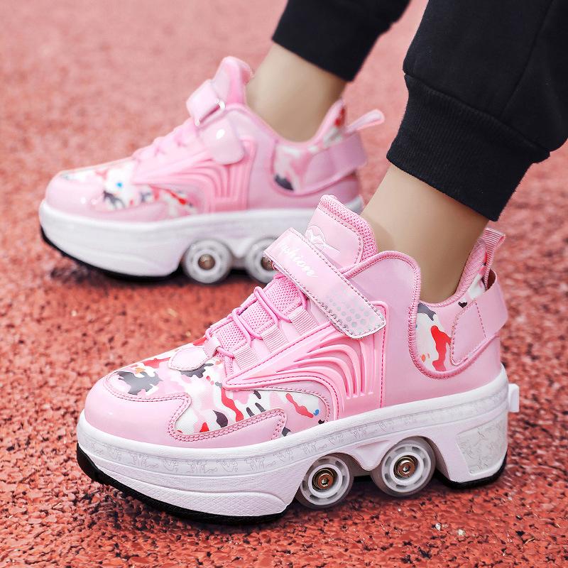 Parkour Shoes 4 Wheels Deformation Roller Skating Shoes Kids Adults Unisex Sneakers Street Urban Fitness FSK Quad Skating Shoes