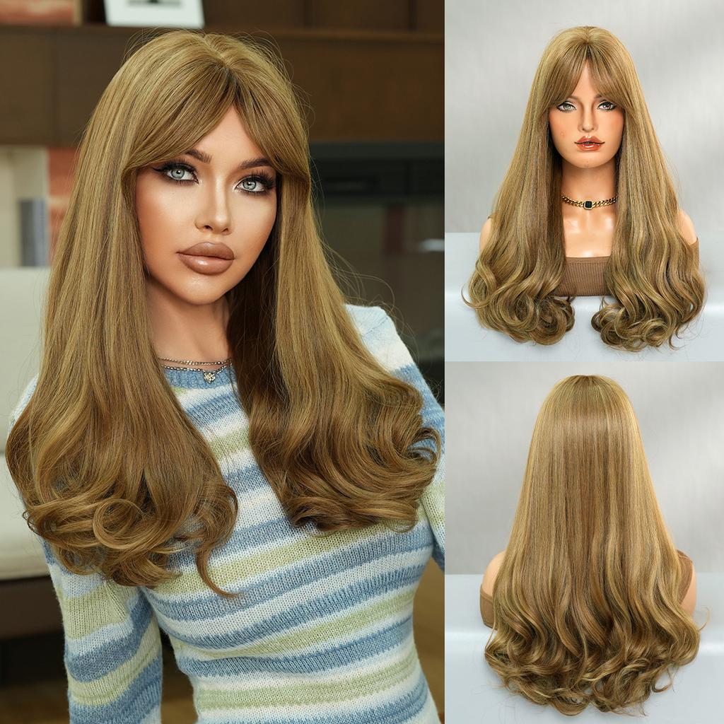 High Quality Copper Brown Wavy Wig Women With Long Curly Hair Full Head Round Face Internet Famous Bangs Fluffy Top Set