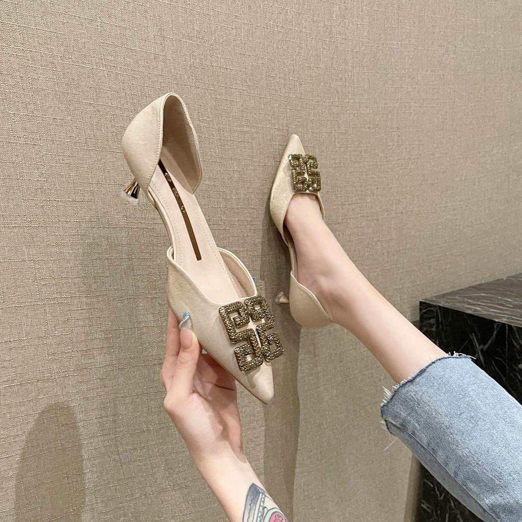 185-A1 French spring new hollow single shoes Internet celebrity professional pointed thin heel versatile rhinestone square buckle 5cm women