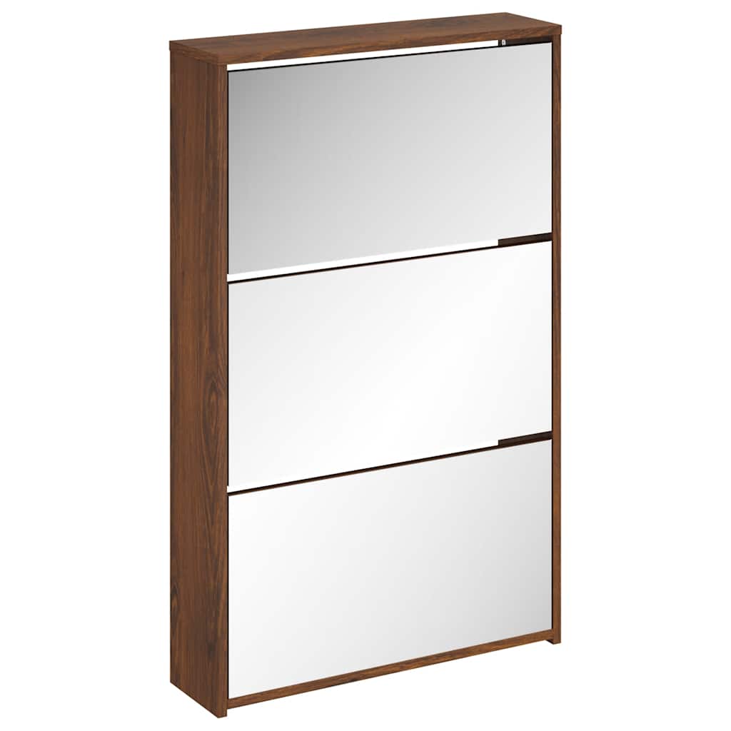 Shoe Cabinet with Mirror 3 Flip Down Compartments Brown Oak Effect