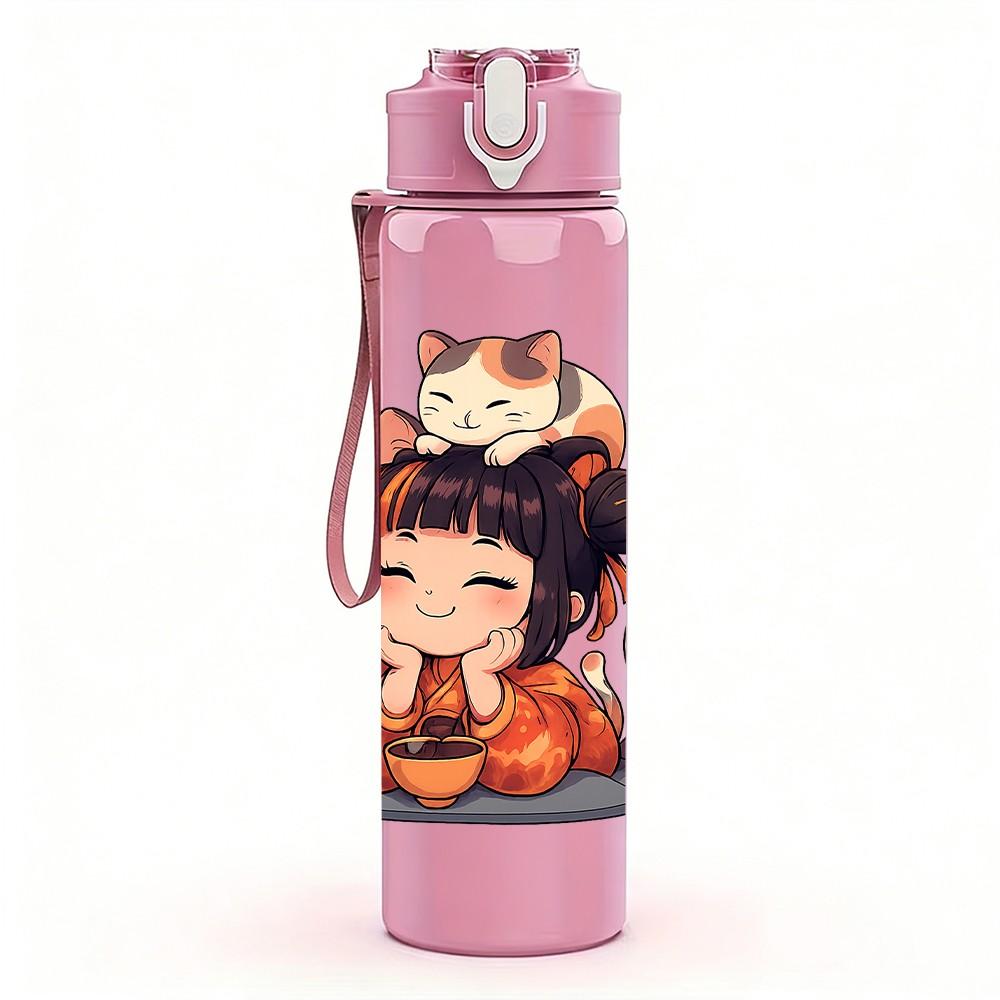 1PC Little Girl Cat Portrait 750ml Color Plastic Sports Water Bottle Leakproof Flip Straw Lid Suitable for Sports Office Home Use