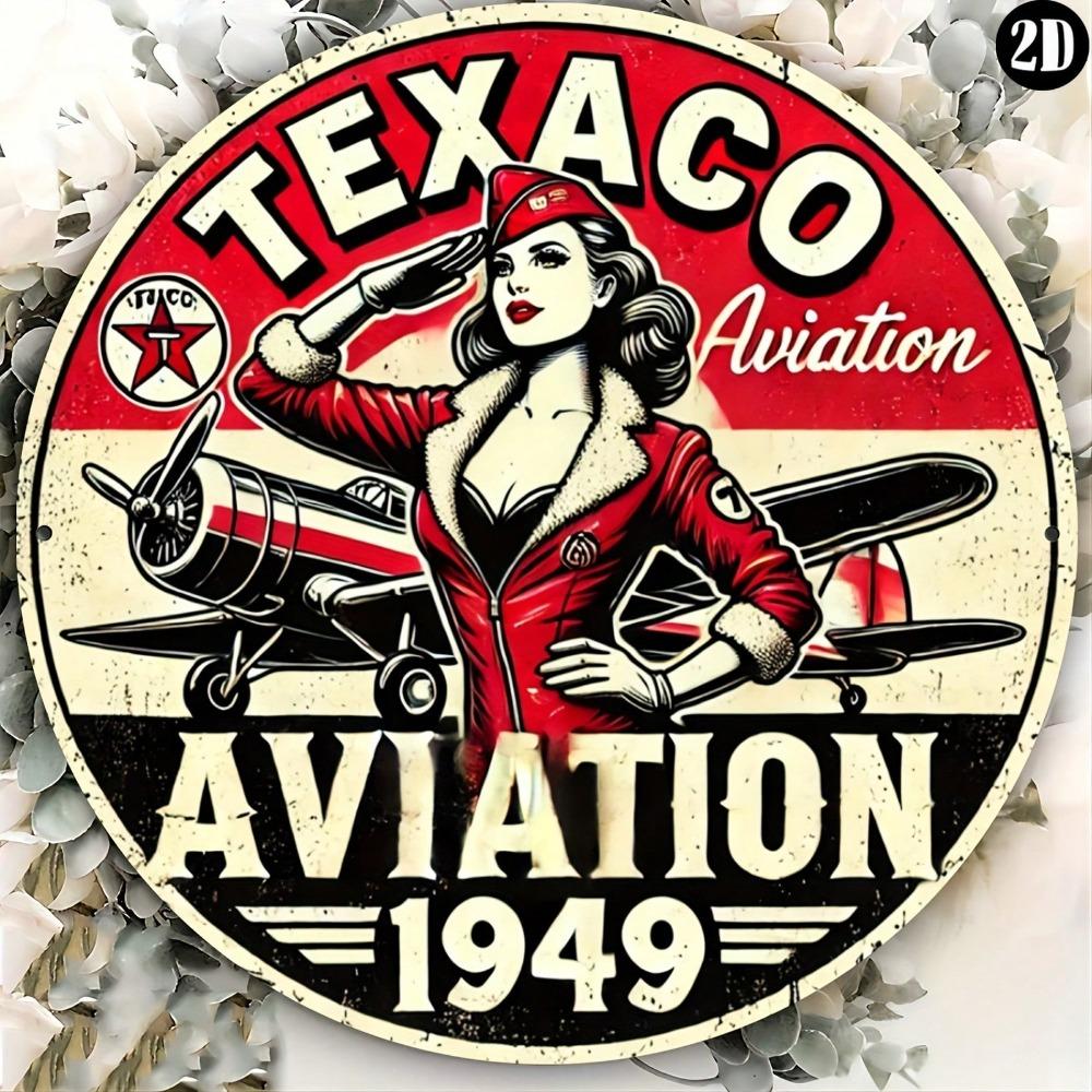 Vintage 1949 Texaco Aviation Metal Sign 8x8 Inch Round Retro Wall Art Home Office Decor Gift