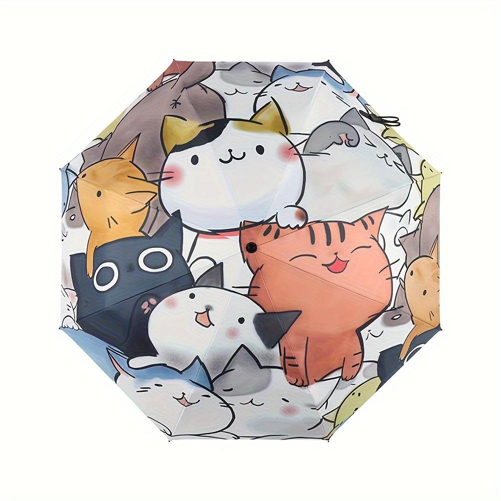 1PC foldable portable travel umbrella with comfortable silicone handle, printed with anime cat pattern, suitable for rainy and sunny days.
