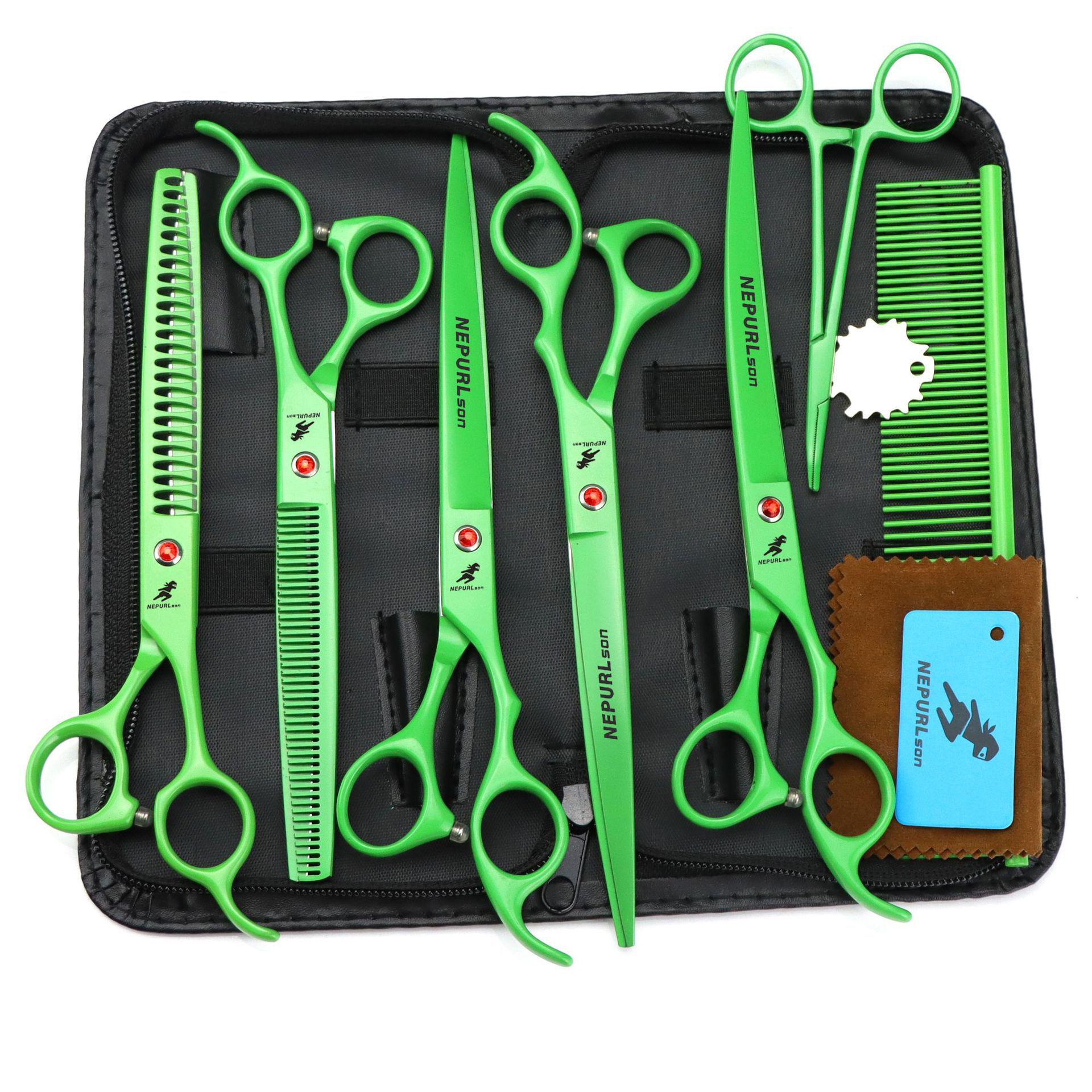 Napson 8.0  Green Pet Grooming Scissors Set - 5-Piece Hair Trimming and Teeth Scissors