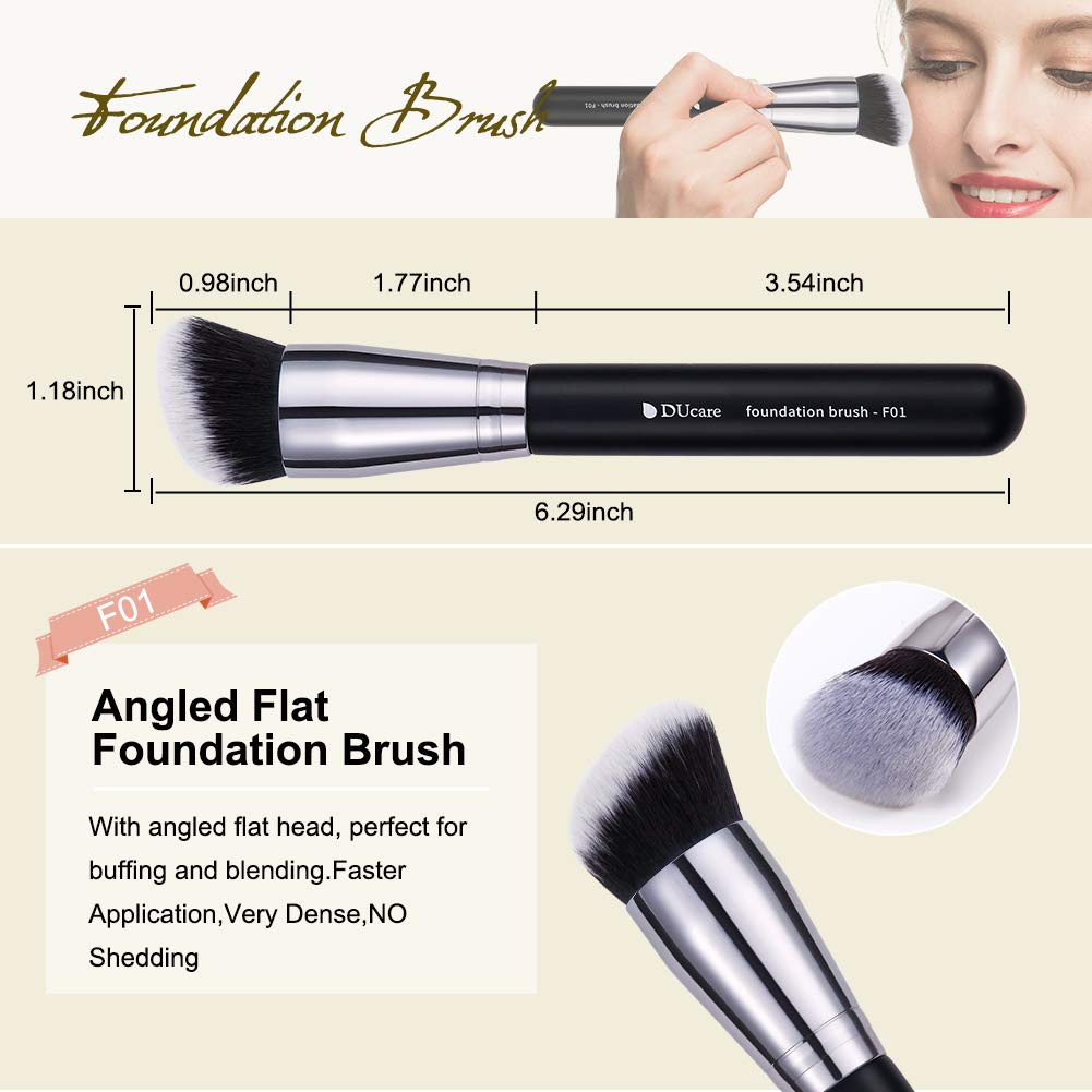 DUcare Black Travel Makeup Brushes 3Pc Foundation Contour Brush -Concealer Brush- Blusher Brush Liquid Blending Makeup Brush Set