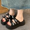Fashion Summer New Rhinestone Bow Wedge Slippers Women's Fashion Round Toe Open Toe Platform Anti-Slip Wear-Resistant Flats