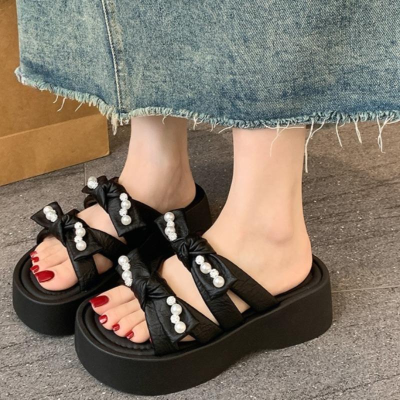 Fashion Summer New Rhinestone Bow Wedge Slippers Women's Fashion Round Toe Open Toe Platform Anti-Slip Wear-Resistant Flats