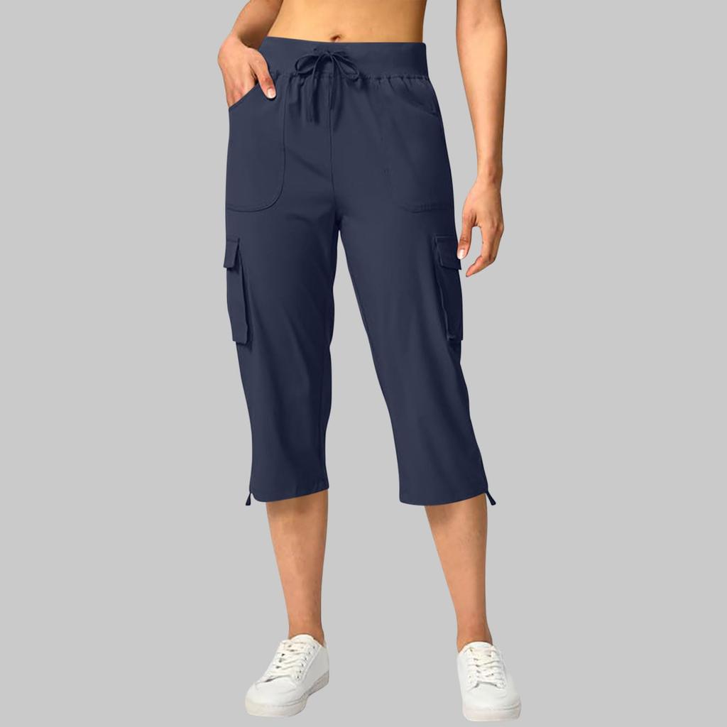 Women’s Drawstring Waist Cargo Capris with Multiple Pockets and Adjustable Hem for Outdoor Activities