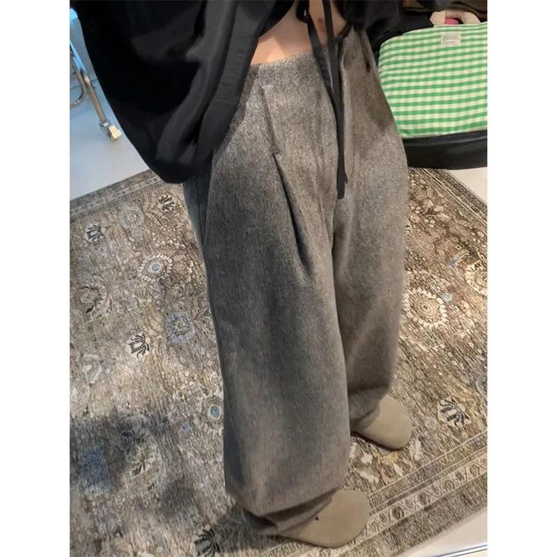 Women's 2025 Winter Gray Wool Wide-Leg High-Waist Relaxed Pants Plus Size