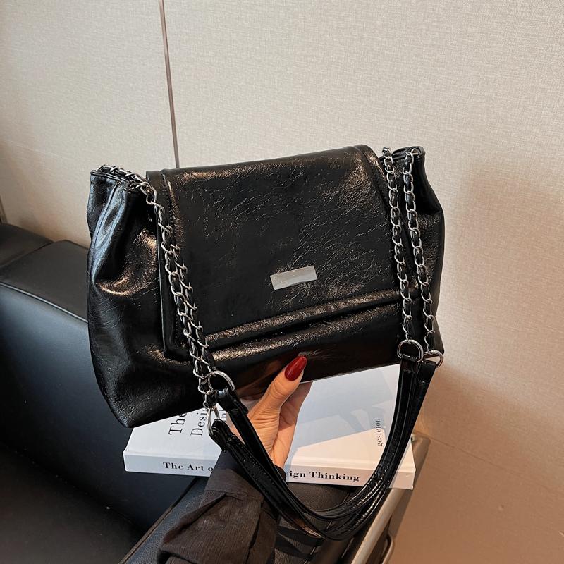 Trendy Buckle Women's One Shoulder Bags Black Large Capacity Chain Crossbody Pack Simple PU Leather Casual Female Handbags