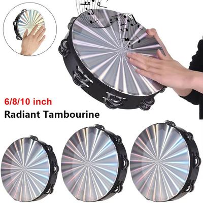 1Pcs 6/8/10 Inch Radiant Tambourine Reflective Drum Head with Double Row Jingles Hand Drum Wooden Handbell