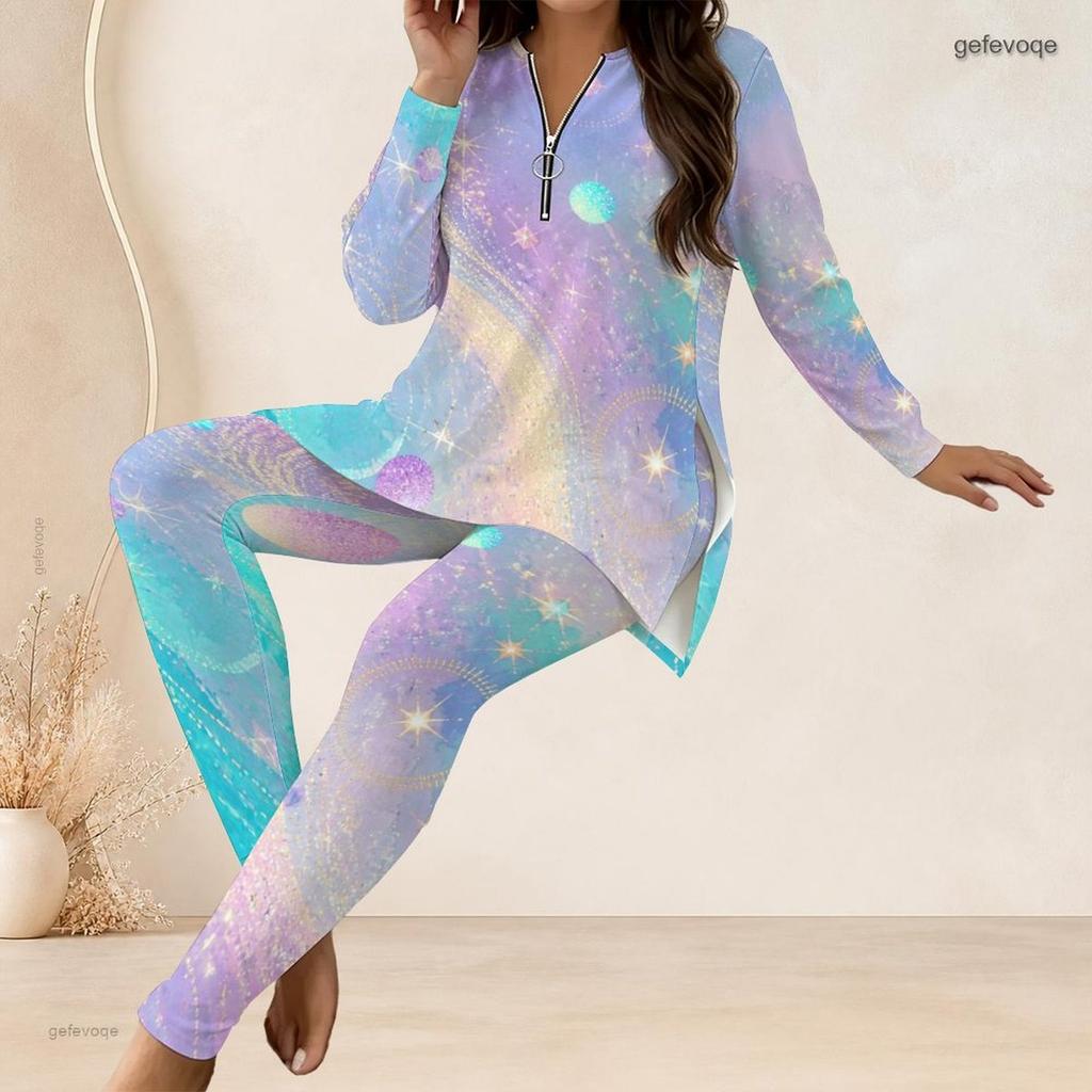 Women Plus Size Grey Printed Half Zip Long Sleeve Top And Fitted Long Pants Two Piece Outfit