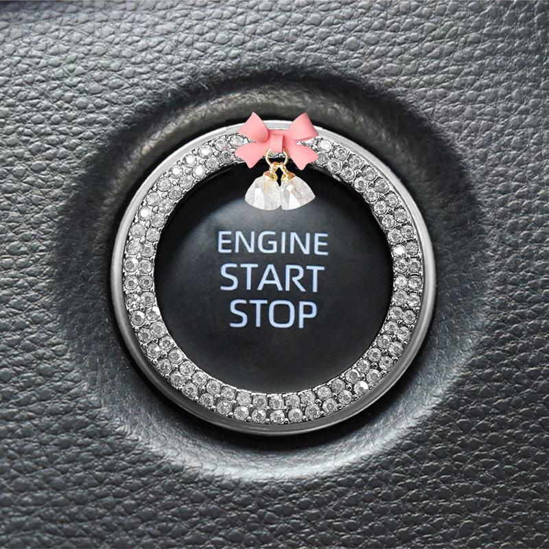 Rhinestone Bow Bell Car Start Switch Button Auto Decorative Diamond Stickers Ring Circle Trims Protective Cover Car Accessories