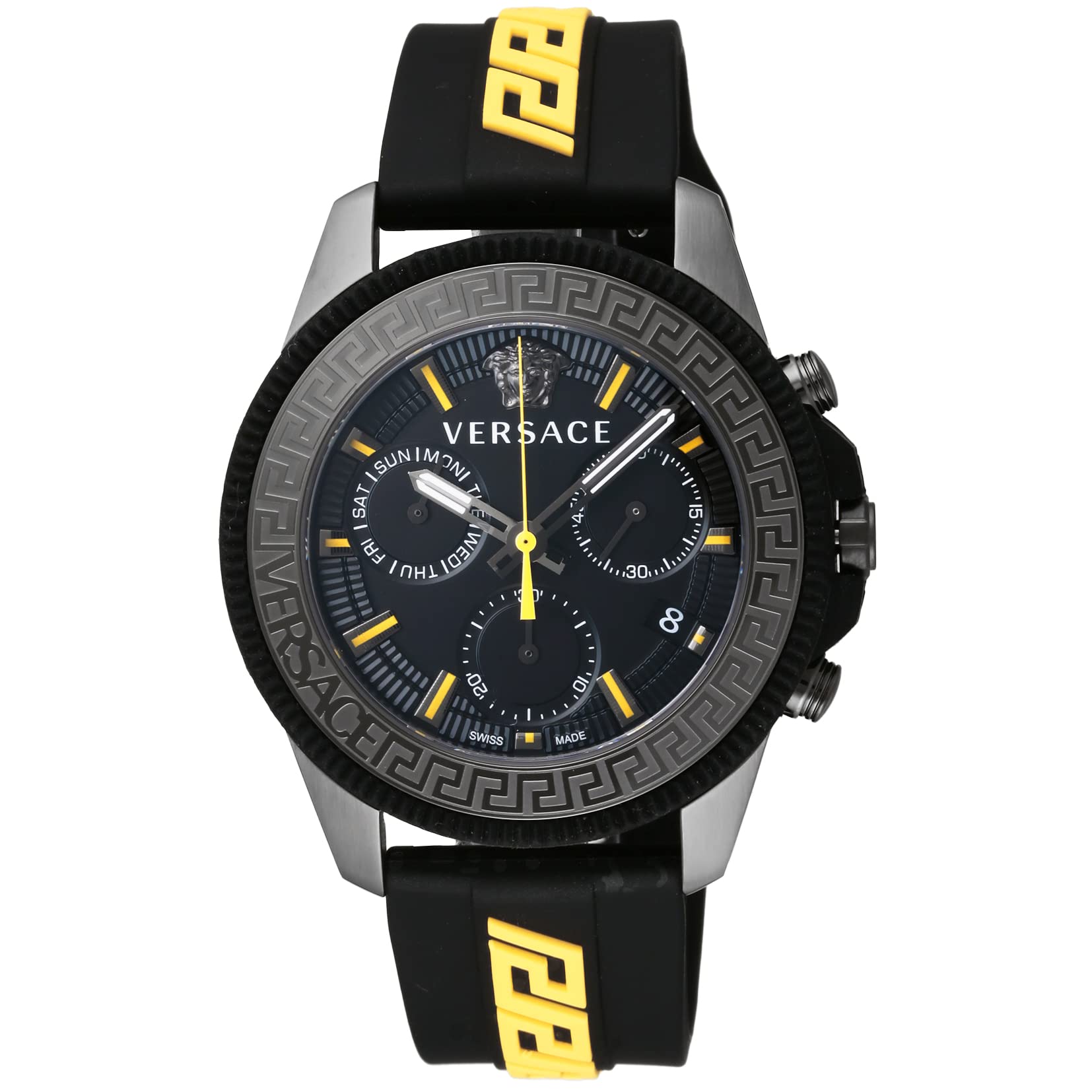 

Watch GRECA ACTION CHRONO Black Dial Stainless Steel Sapphire Glass Quartz 45MM Swiss Watch VE3J00322 Yellow [Versace] Men s [Item] чорний
