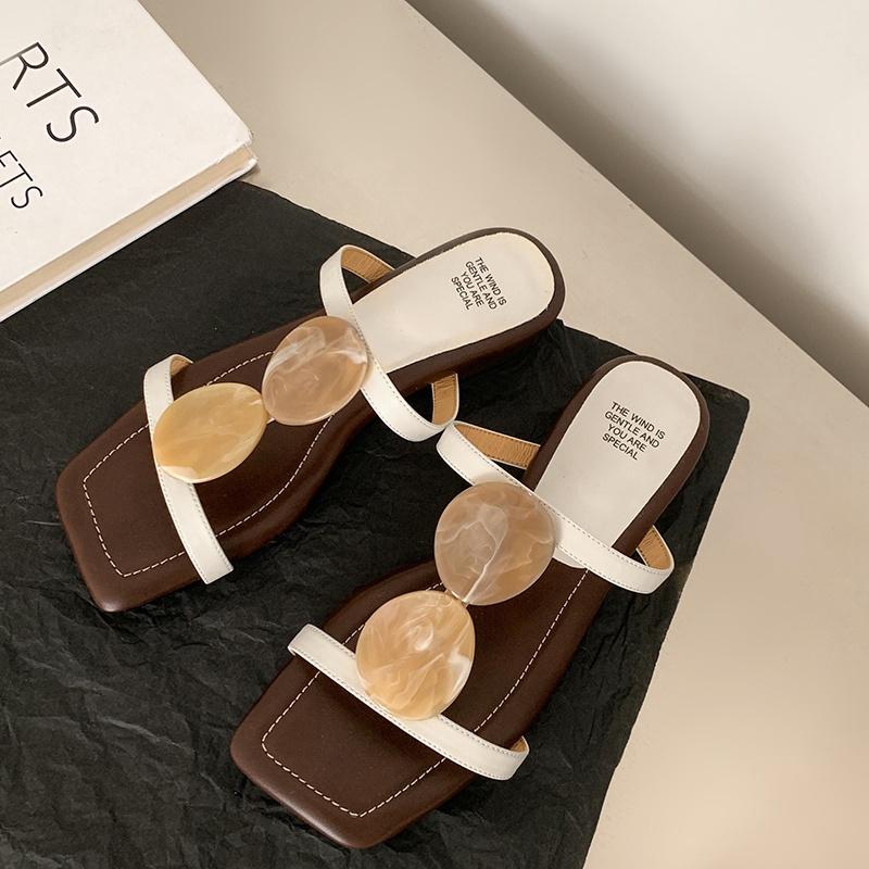 Moda Nuovo da donna vera pelle, pelle bovina, accessori giada imitazione, tacchi bassi, dita scoperte, comode pantofole alla moda