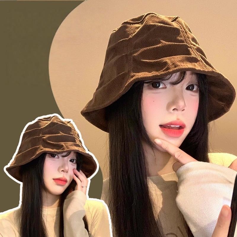 1Pcs Korean Style Foldable Travel Outdoor Hat Corduroy Pleated Bucket Hat For Women Solid Color Soft Casual Sun Hat