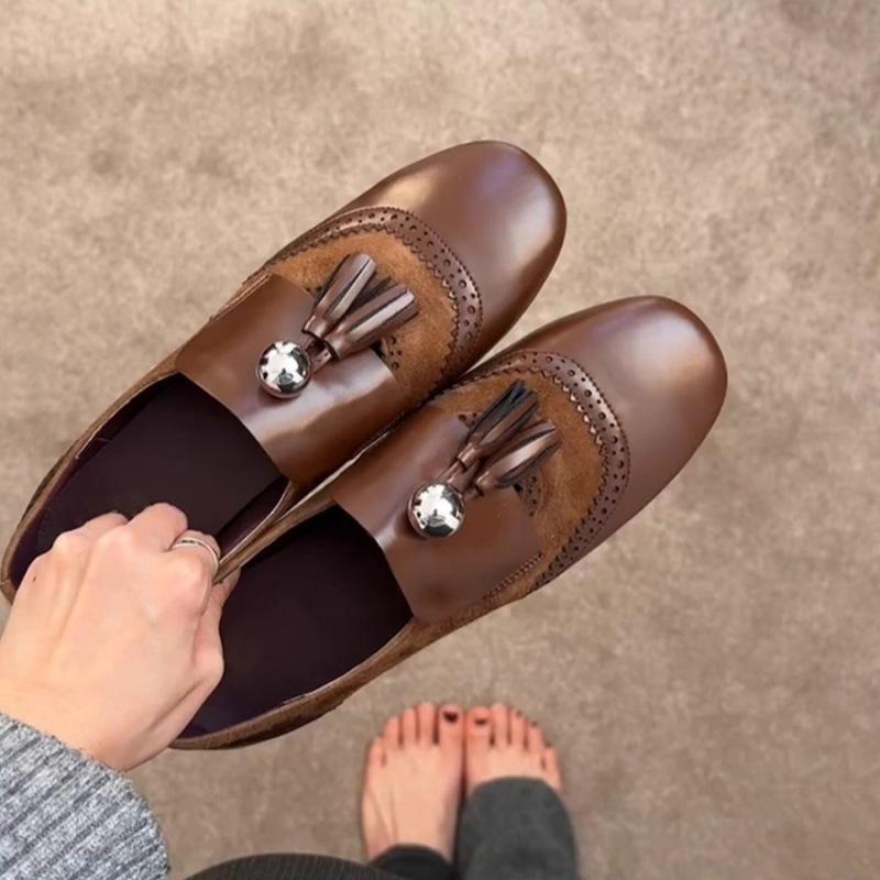 

Blue cabinet version~ retro fringed Brock engraved loafers women s flat-bottomed small single shoes British style round head small leather shoes 40 малиновый
