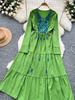 Women Spring Autumn Dress Retro Embroidered V-neck Strap Waist French Elegant Long Sleeve Grand Swing Long Dress