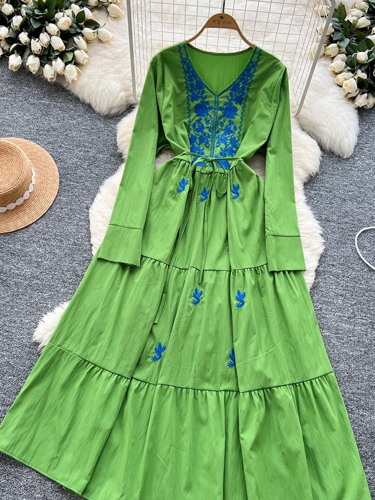 Women Spring Autumn Dress Retro Embroidered V-neck Strap Waist French Elegant Long Sleeve Grand Swing Long Dress