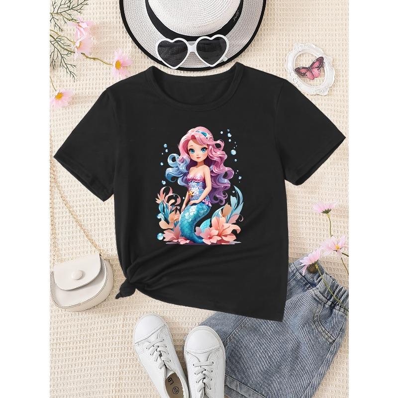 Girls Crewneck Summer Tee, Cute Cartoon Mermaid Princess Print Sweet Versatile Casual Short Sleeve Kids Top