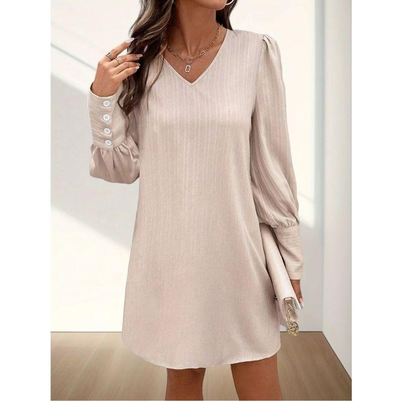 Spring and Summer New Arrival Fashion Fashion Commuter Ol Pure Color V-neck Back Single-Breasted Bubble Long Sleeve Dress Short Skirt for Women