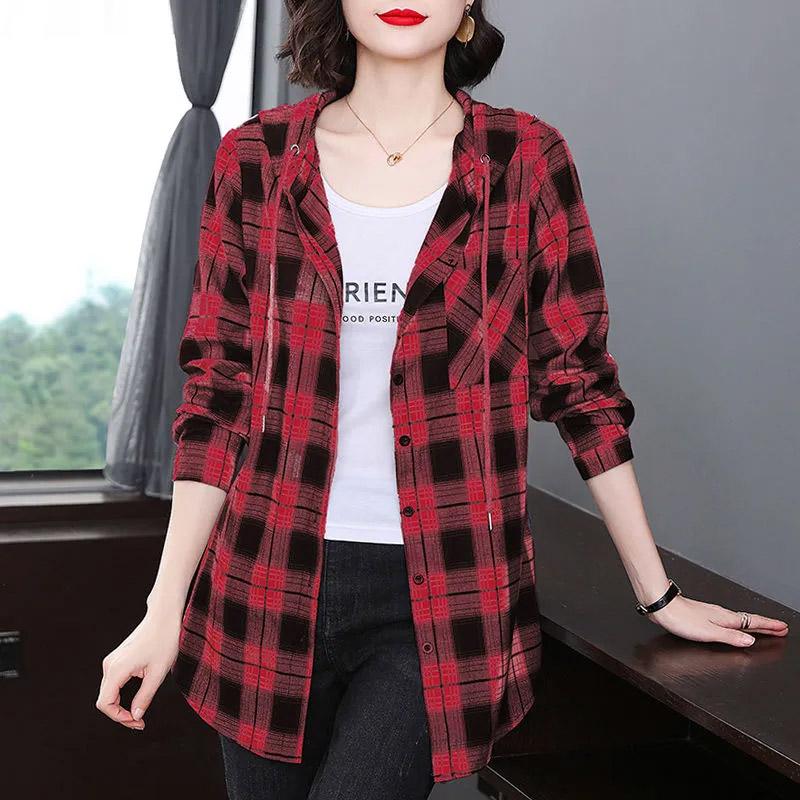 Košile Dámská bavlněná kostkovaná košile s kapucí s dlouhým rukávem Top Volné Peplum Běžné Košile s dlouhým rukávem