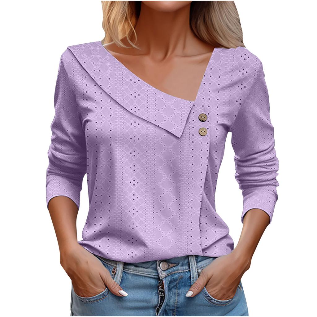 Women's Long Sleeve T-Shirt Asymmetrical V Neck Button Detail Hollow Out Texture Casual Commuter Daily Wear Solid Color Top