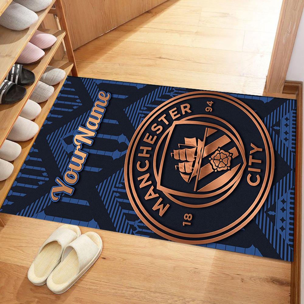 Manchester City Personalized Text Floor Mat Design for Foyer Living Rooms Entryway Playrooms Antislip Carpet Decorate Offices Wedding Party Gift