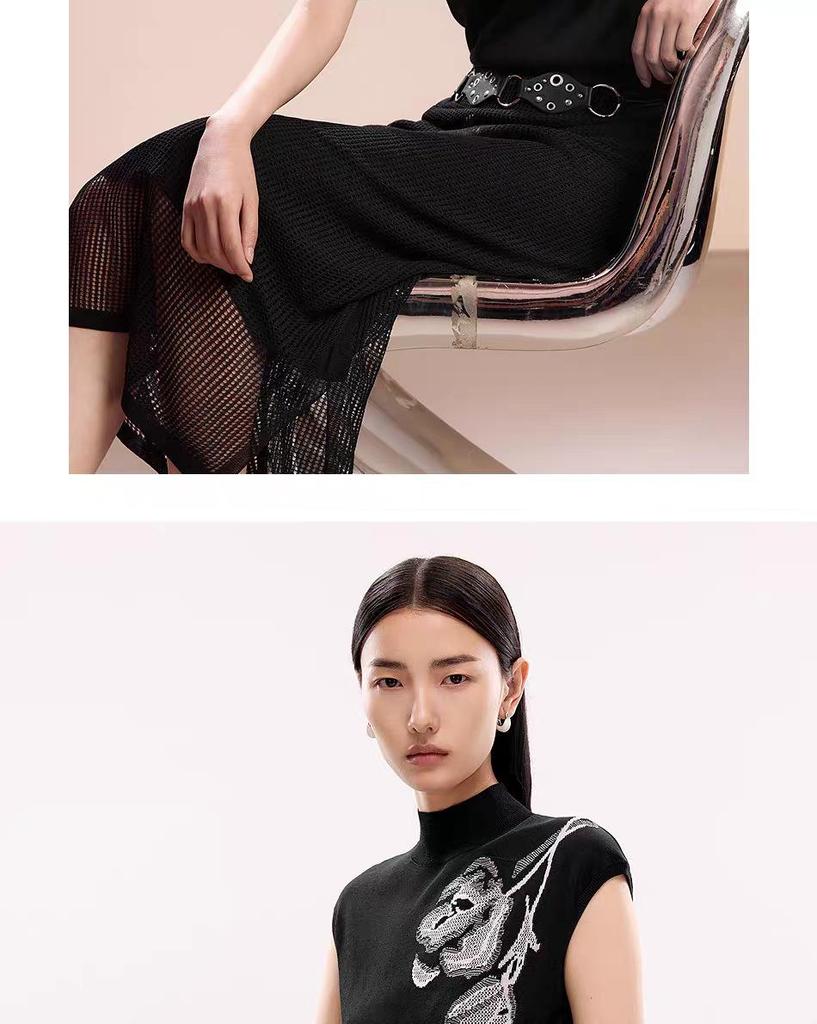 Dámský luxusní pletený top Lang Z podzim 2025 v čínském stylu s krátkým rukávem a kulatým výstřihem.