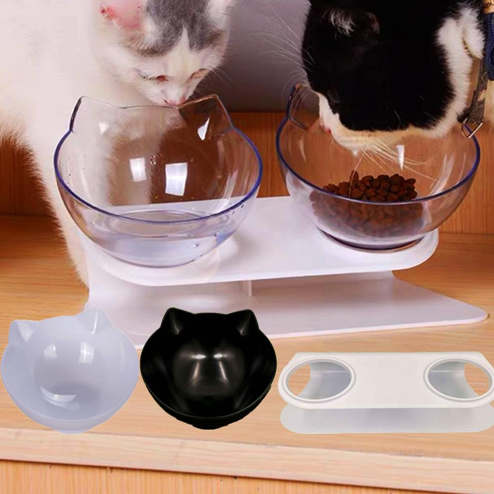 Double Cat Feeding Bowl PC Plastic Cat Shape 2 Cat Feeder Container 15 Degree Tilted Pet Inclination Stand Cats Feeding Bowl
