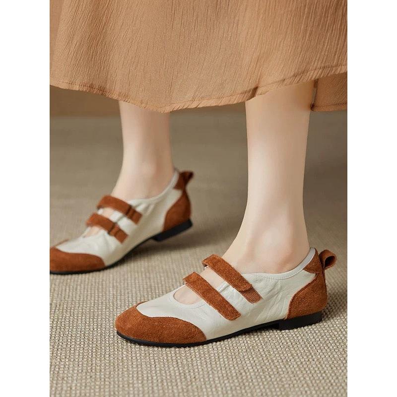 Sheepskin version of French retro style color matching casual moral training shoes round head light mouth Mary Jane shoes women's commuter flat shoes