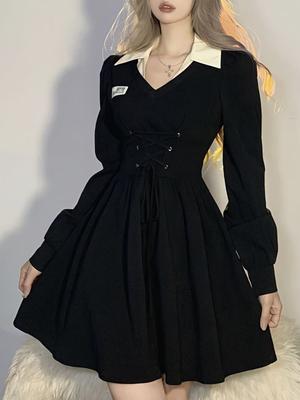 Koreanisches Übergröße 4XL Schwarzes Kleid Damen Elegant LaAe Up Preppy Style Kleid Lässig Retro Umlegekragen A-Linie Minikleid