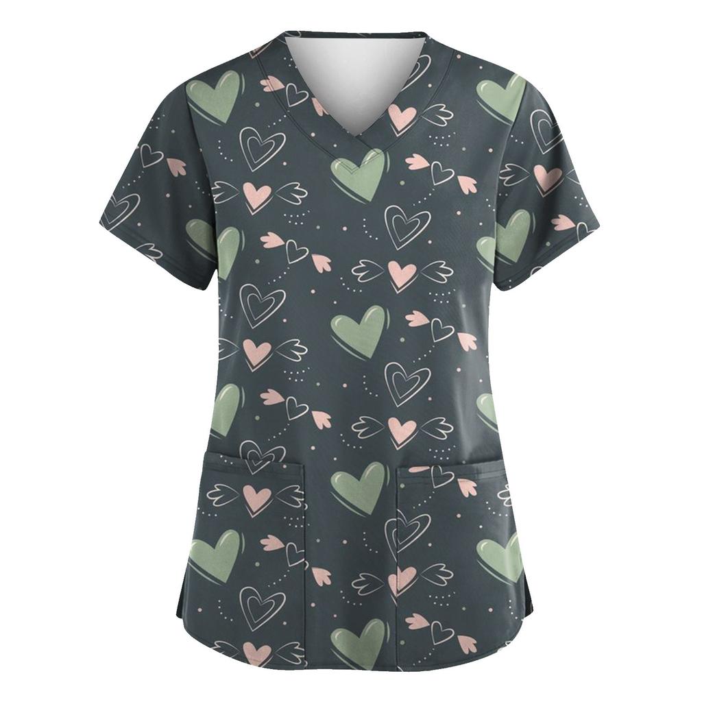 Women's Valentine's Day Printed  Uniform Work Uniform V-Neck Pocket Protective Uniform