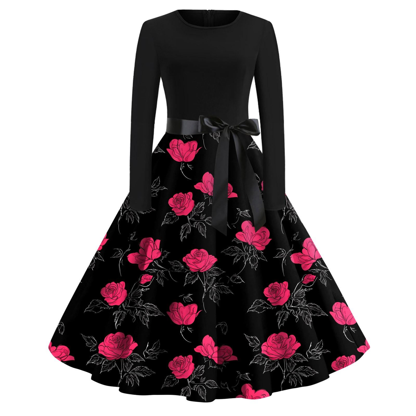 

Женское платье с круглым вырезом и большим подолом, плиссированная юбка с длинными рукавами, платье XXL