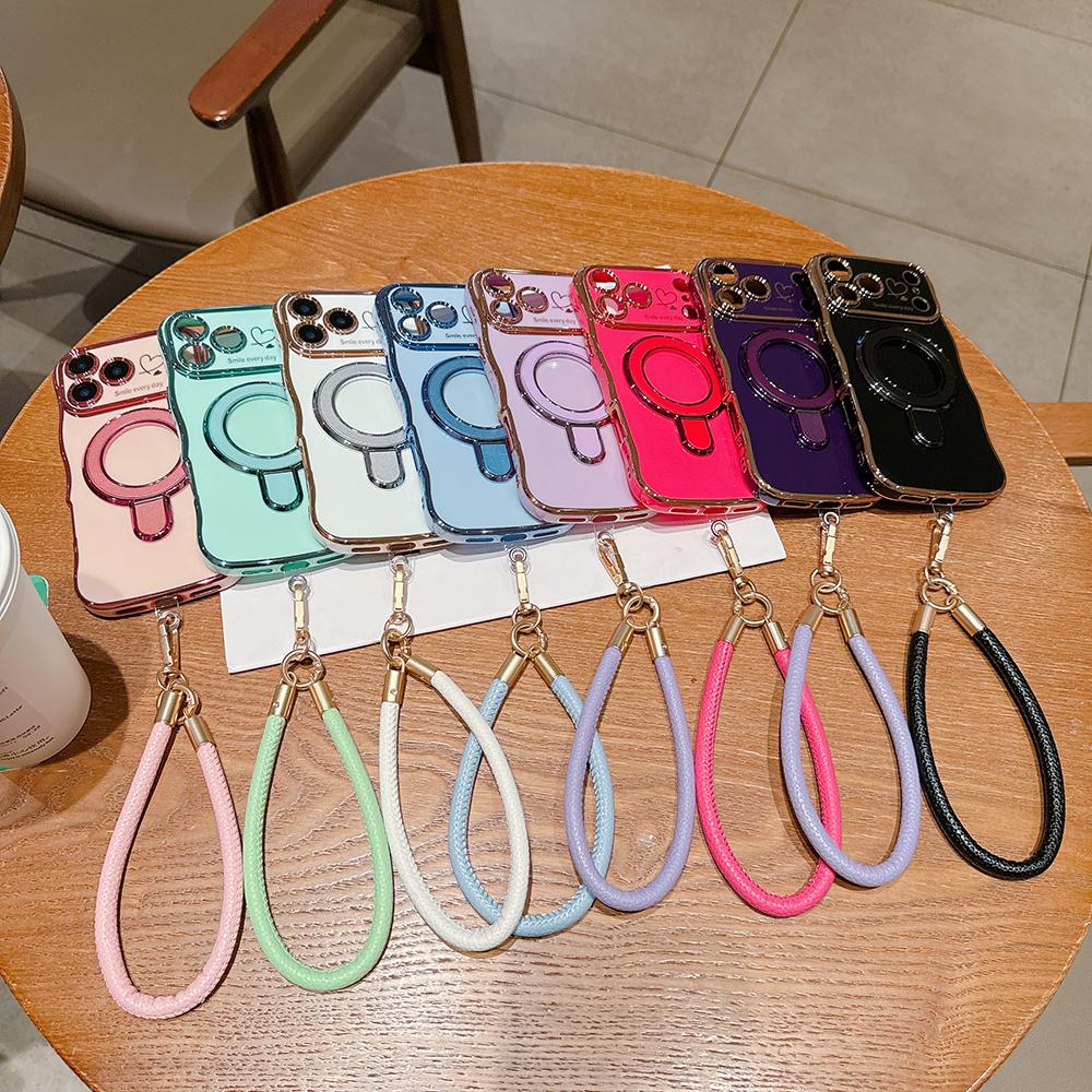 Wavy Frame Wrist Strap Phone Case for iPhone 17 Air 16 15 14 13 12 11 Pro Max Plus Silicone Soft Protective Cover Magnetic Stand