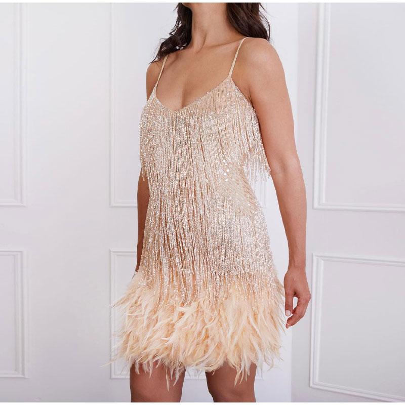 Sexy Tassel Sequins Feather Mini Dress Women Spaghetti Strap Stitching Dresses Female Elegant Evening Party Club Dress