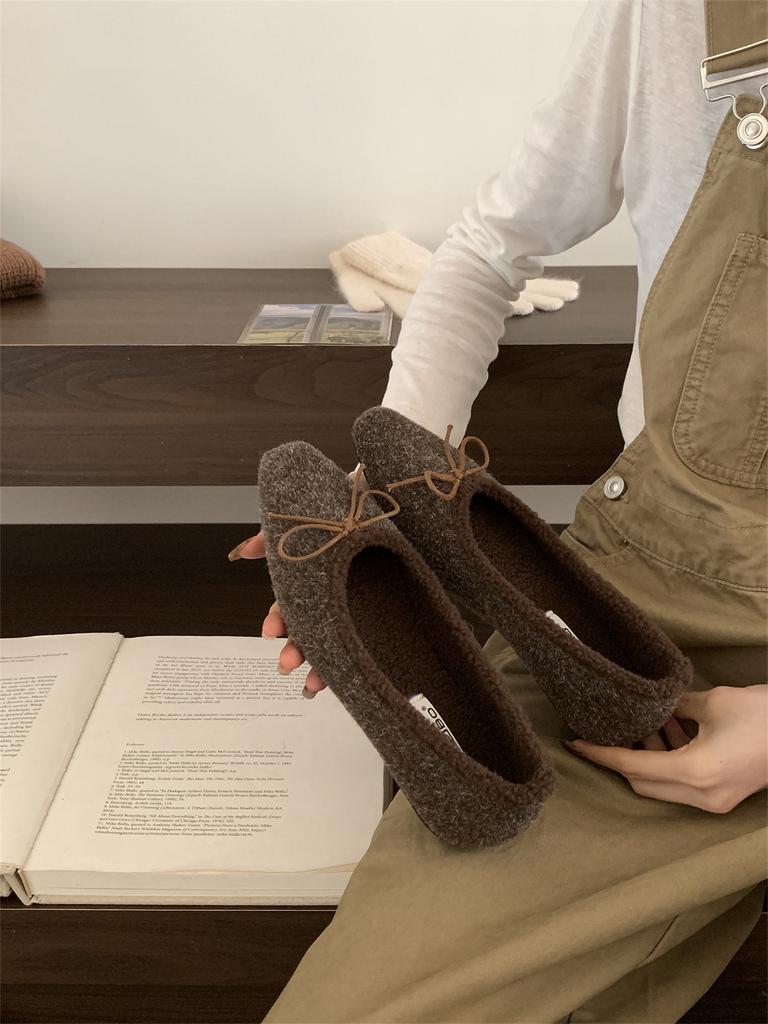 Late evening wind bow velvet Mary Jane shoes 2025 autumn and winter new soft-soled fluffy shoes warm Doudou single shoes