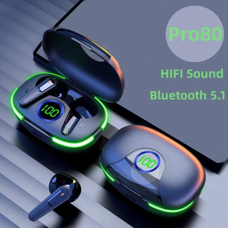 TWS Pro80 Bluetooth 5.3 Kopfhörer Kabellose Kopfhörer HiFi Stereo Headset mit Mikrofon LED-Anzeige Sport-Ohrhörer für Telefon