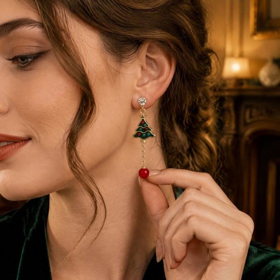 Cute Xmas Theme Earrings 1 Pair Christmas Tree for Women, Colorful Rhinestone Shaped Gold Tone Enamel with Red Bead Charm, Winter Holiday Jewelry
