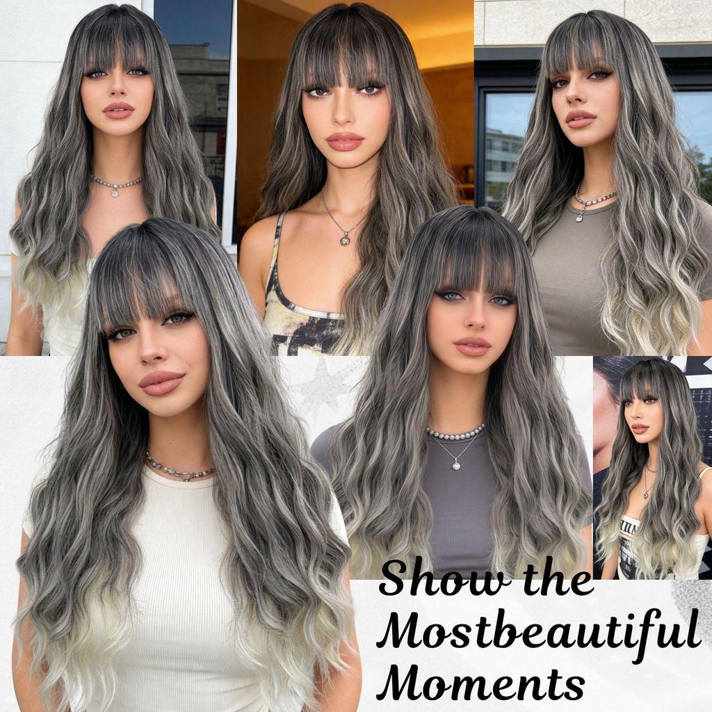 Wavy Long Curly Hair Wig with Bangs - Breathable Natural Look