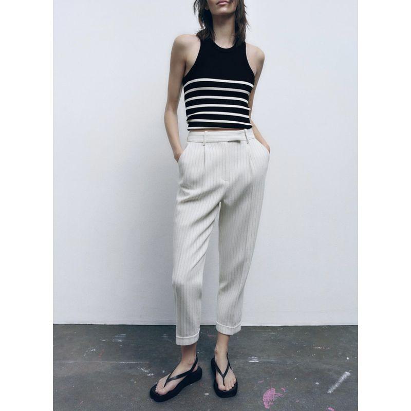 Spring and Summer New Arrival Stripes I-Shaped Vest round Neck Stretch Tight Sleeveless Knitting Tops 3471008