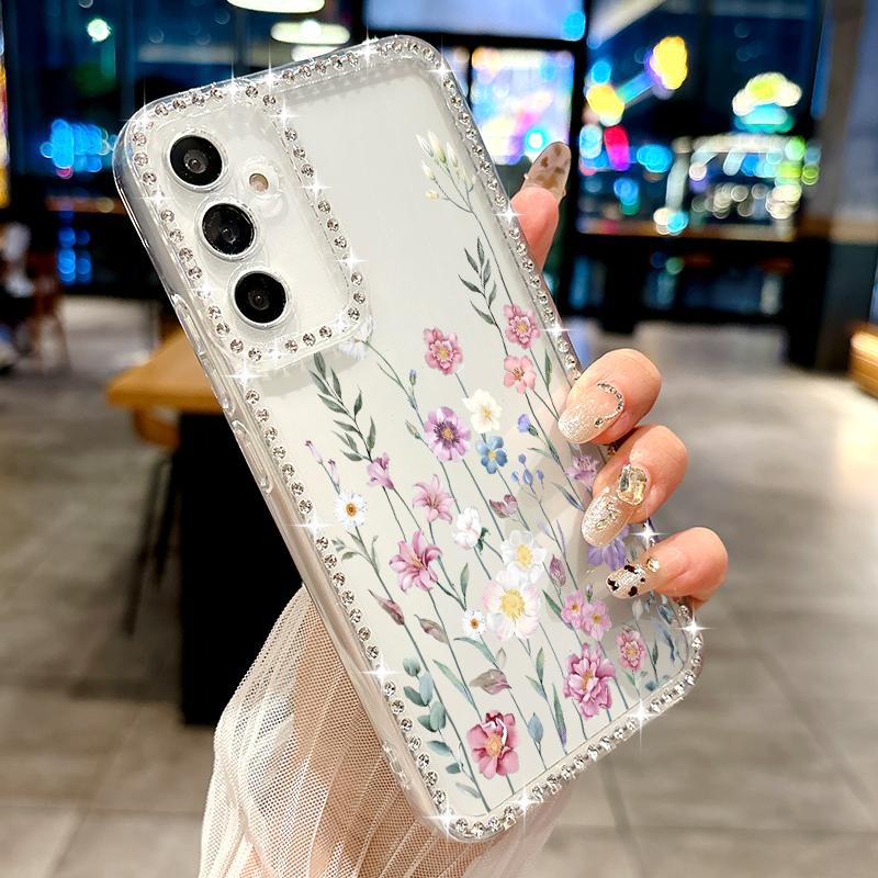 Silver Rose Flowers Diamond Case For Samsung Galaxy S25 Edge S24 Ultra S23 S22 S21 FE A54 A15 A35 A55 A16 A26 A36 A56 5G Capa