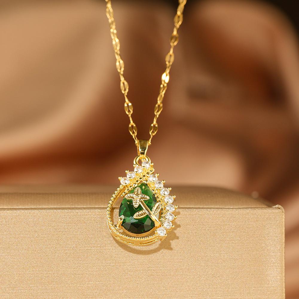 White Red Green Gem Zircon Water Drop Pendant Titanium Steel Necklace for Women - 2025 Fashion Trend