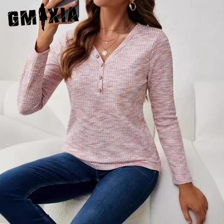 

GMXIA Autumn V-Neck Loose Long Sleeve T-shirt Button Top Women XXL синій