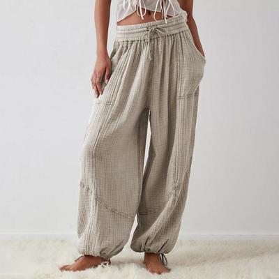 Damskie spodnie haremowe letnie dorywczo Vintage bawełniane lniane spodnie w pasie szerokie nogawki modne luźne kieszenie spodnie damskie